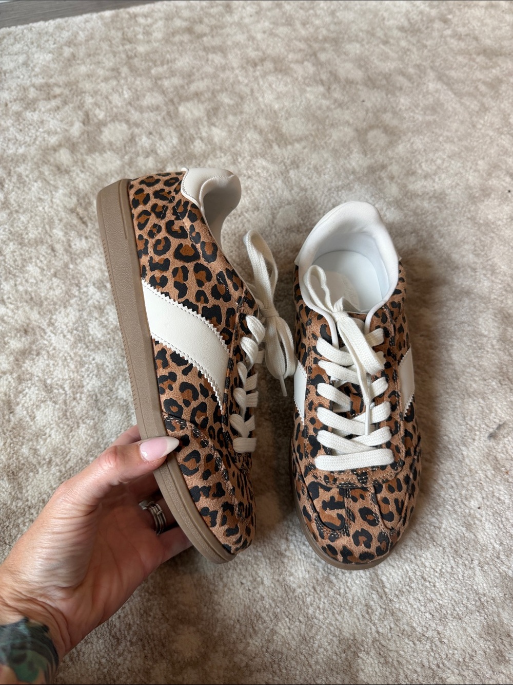 Leopard Print Lace-Up Sneakers in Brown and White